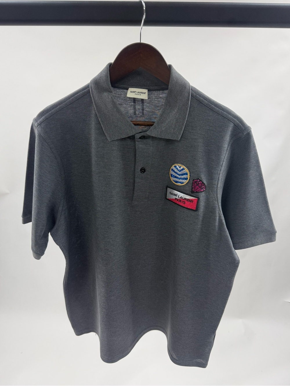 Saint Laurent Gray Polo with Embroidered Patch Accents